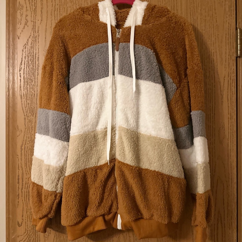 Women's Fuzzy Fleece Jacket Hooded Color Block Patchwork- NWOT- 2X
